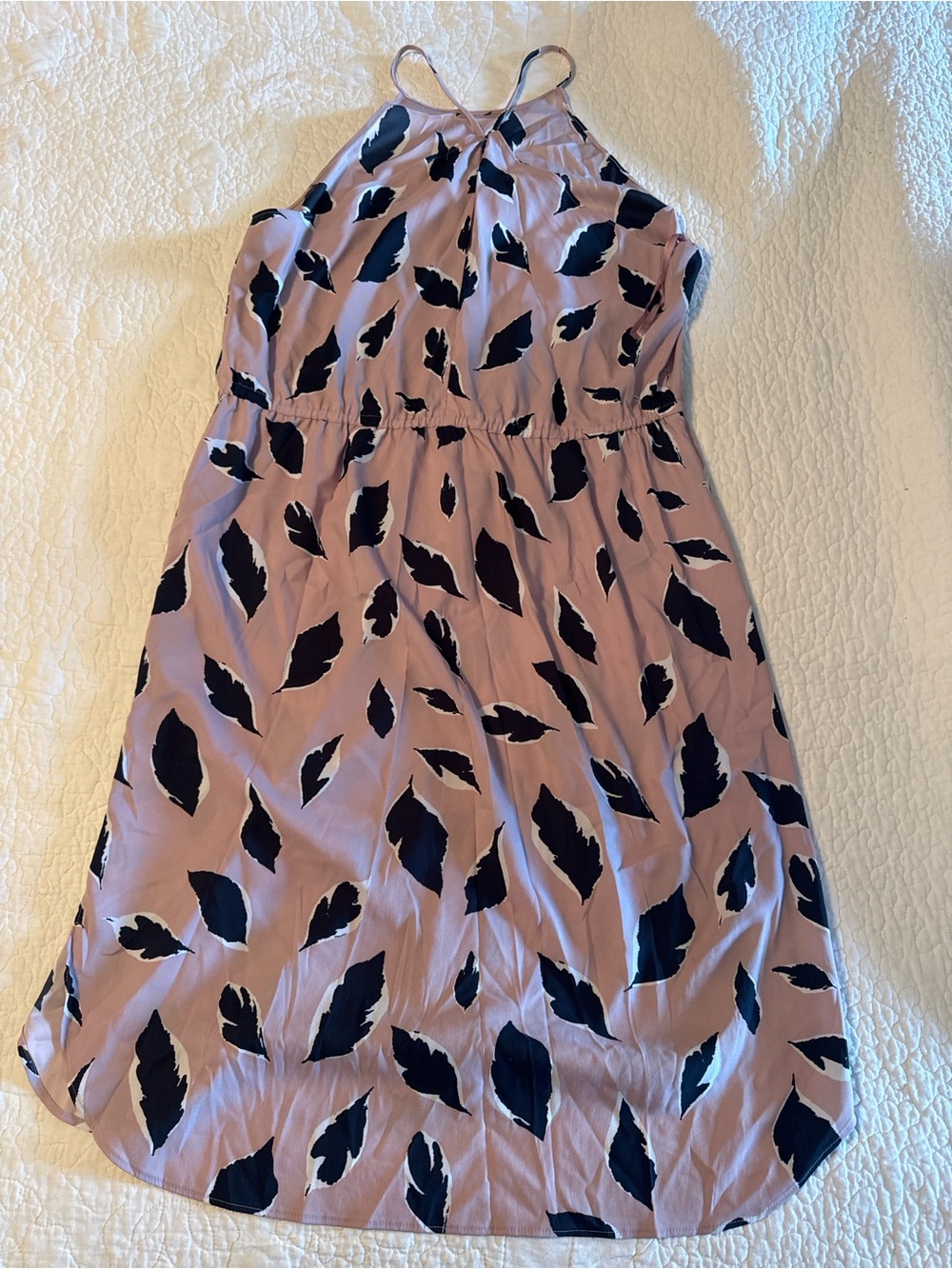 LOFT Pink Midi Dress with Black Feather Print